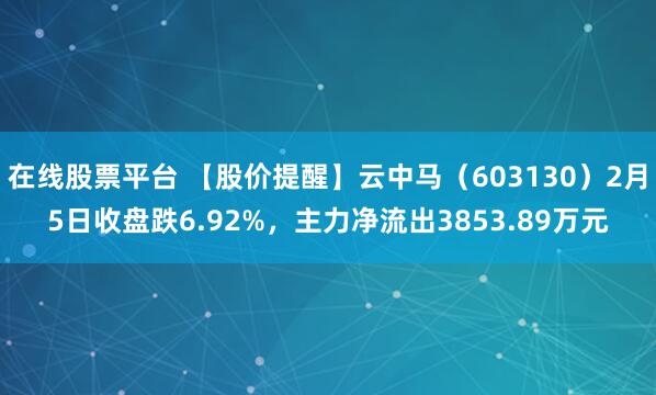 在线股票平台 【股价提醒】云中马（603130）2月5日收盘跌6.92%，主力净流出3853.89万元